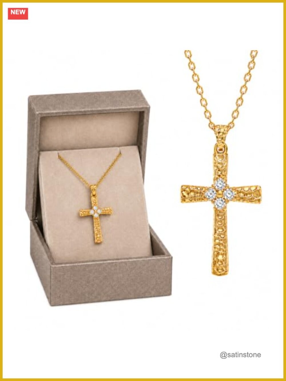 Hammered Cross Pendant Necklace 1CT Moissanite 18K Gold Plated S925 Silver